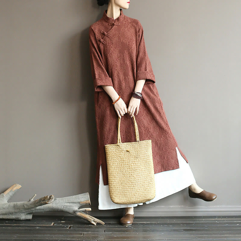 Mythstone Flower Jacquard Midi Dress Long Sleeve Cotton Linen Dress Wide Leg Pants With Pockets