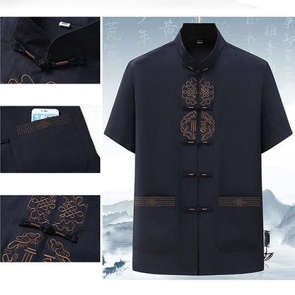 Mythstone Fu Character Chinese Knotting Embroidery Tang Suit Traditional Short Sleeve Top Pants Clothing Men's Set