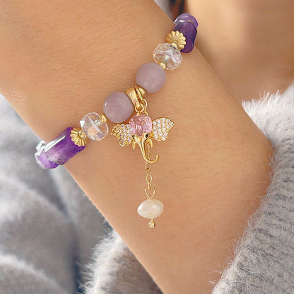 Mythstone Amethyst Green Aventurine Strawberry Quartz Positive Elephant Charm Bracelet