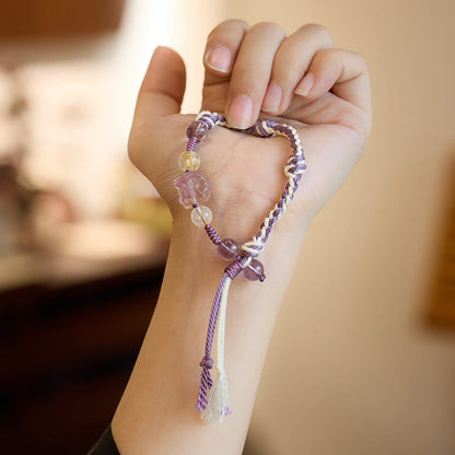 Mythstone Natural Fluorite Amethyst Silver Sheen Obsidian Tiger's Eye Protection Rope Bracelet