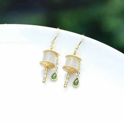 Mythstone 925 Sterling Silver Jade Prayer Wheel Luck Drop Earrings