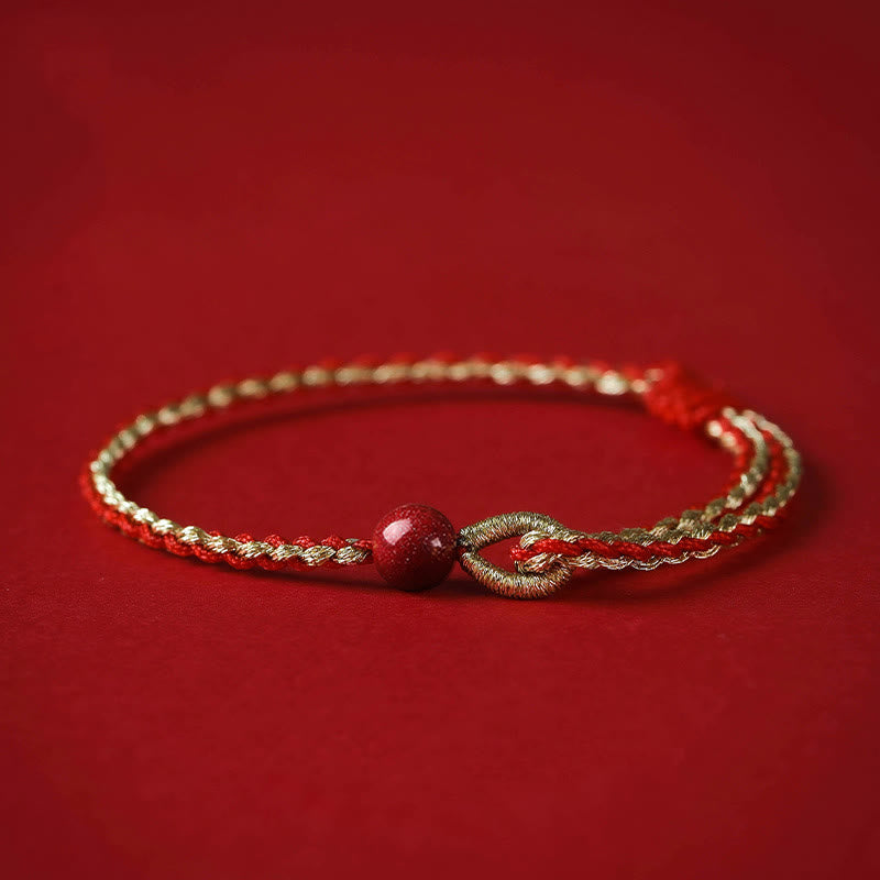 Mythstone Handmade 925 Sterling Silver Lotus Cinnabar Gold Bead Blessing Braid Bracelet