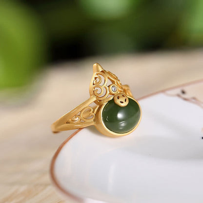 Anillo ajustable con piedra mitológica, calabaza, jade cian, moneda de cobre, suerte y éxito