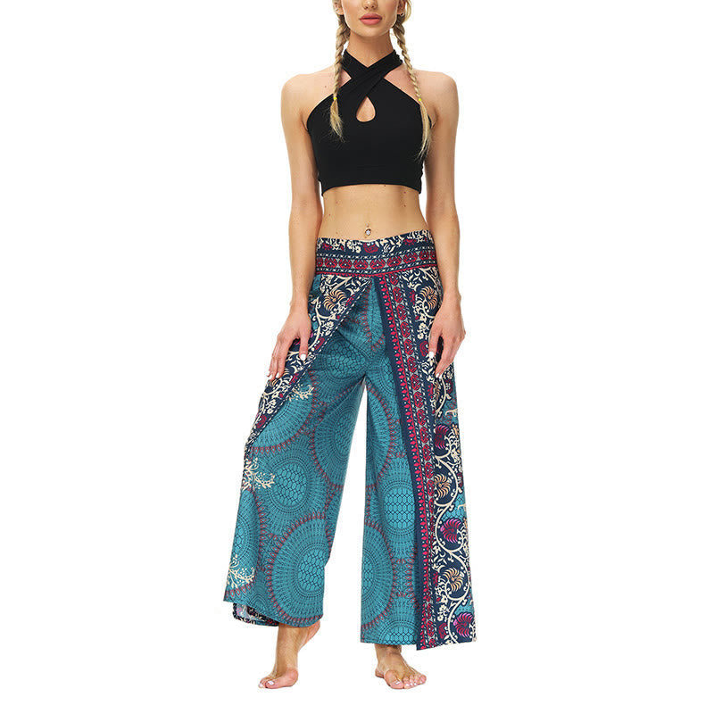 Mythstone Boho Flower Vine Split Thigh Wide Leg Pants Sports Fitness Dance Women's Yoga Pants