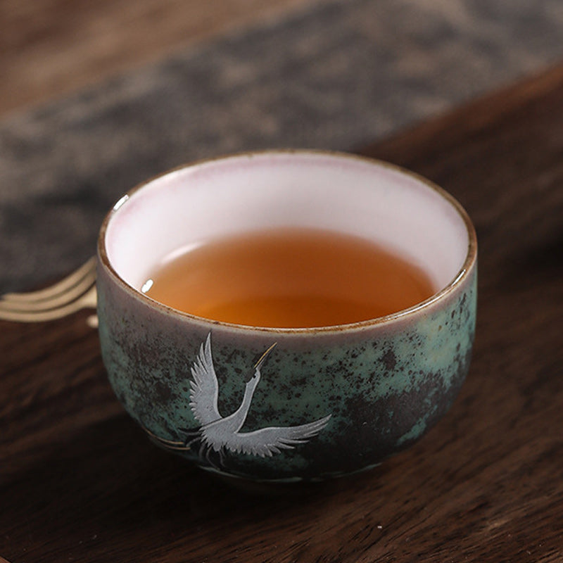 Mythstone Auspicious Crane Ceramic Teacup Kung Fu Tea Cup Bowl