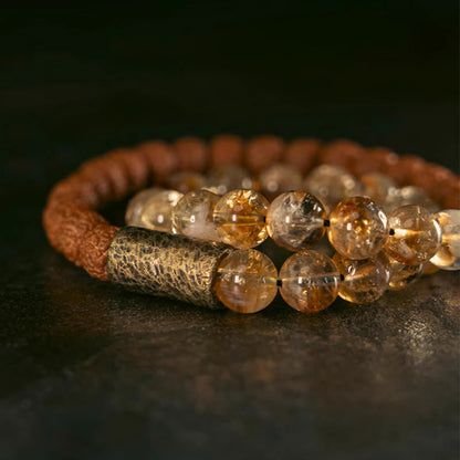 Mythstone Natural Citrine Crystal Rudraksha Bodhi Seed Brass Bead Prosperity Double Wrap Bracelet