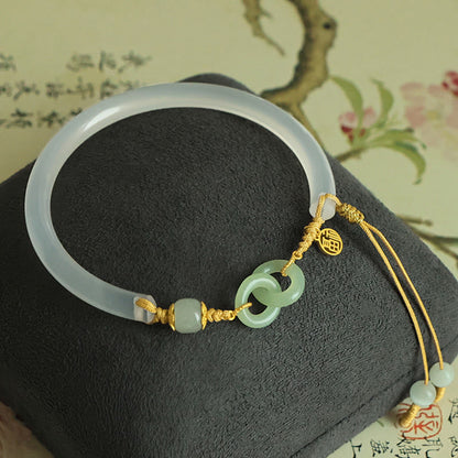 Mythstone 925 Sterling Silver Natural White Agate Hetian Jade Double Peace Buckle Fu Character Bracelet Bangle