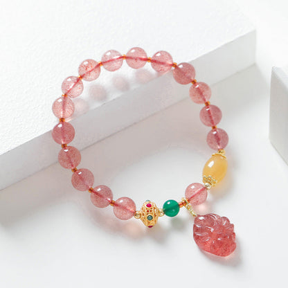 Mythstone Natural Strawberry Quartz Nine-Tailed Fox Healing Bracelet