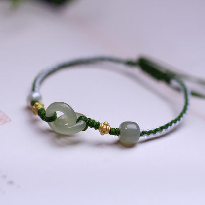 Mythstone 925 Sterling Silver Hetian Jade Double Peace Buckle Luck Braided Bracelet