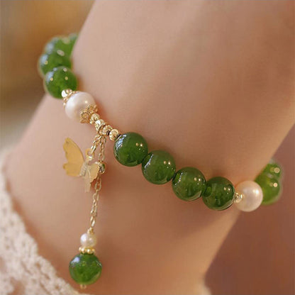 Mythstone Natural Green Chalcedony Pearl Butterfly Courage Strength Bracelet