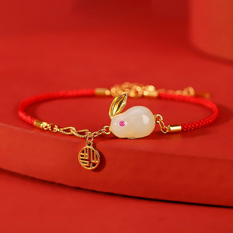 Pulsera de hilo rojo con bendición de la suerte y jade blanco hetiano del año del conejo en plata de ley 925 de Mythstone 