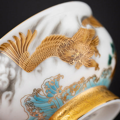 Mythstone Golden Eagle Auspicious Dragon Sun Ocean Waves Gilt Ceramic Teacup Kung Fu Tea Cup