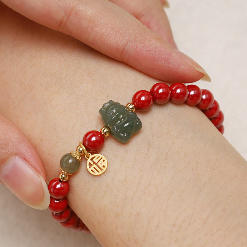 Mythstone 925 Sterling Silver Year of the Dragon Natural Cinnabar Hetian Jade Dragon Fu Character Ruyi As One Wishes Charm Blessing Bracelet