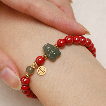 Mythstone 925 Sterling Silver Year of the Dragon Natural Cinnabar Hetian Jade Dragon Fu Character Ruyi As One Wishes Charm Blessing Bracelet