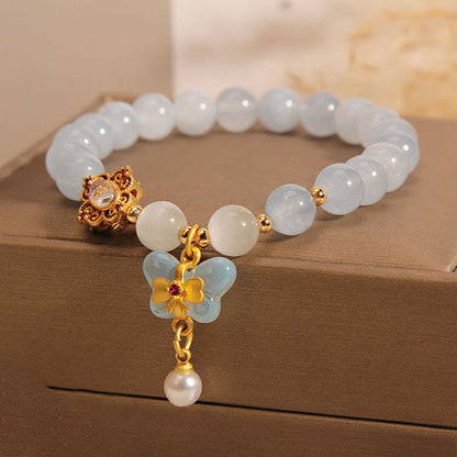 Mythstone Aquamarine Cat's Eye Healing Butterfly Pearl Charm Bracelet