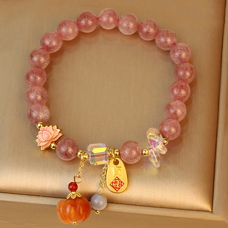 Mythstone Natural Strawberry Quartz Fu Character Pumpkin Charm Positive Bracelet