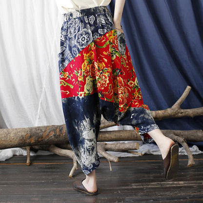 Mythstone Blue Red Peony Flowers Patchwork Cotton Linen Harem Pants With Pockets