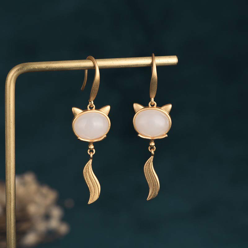 Mythstone FengShui White Jade Fox Fortune Earrings