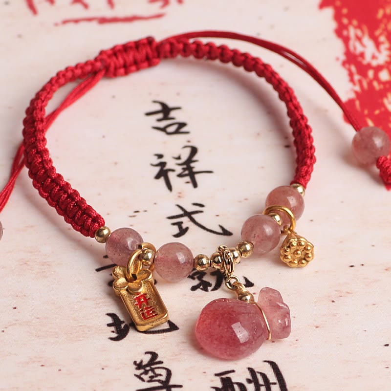 Mythstone Natural Strawberry Quartz Money Bag Lotus Healing Charm Red String Braided Bracelet