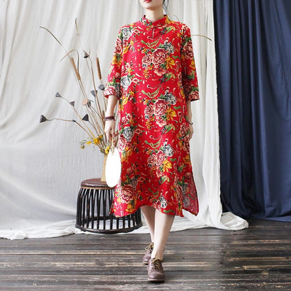 Mythstone Red Blue Peony Midi Dress Half Sleeve Cotton Linen Dress Wide Leg Pants With Pockets