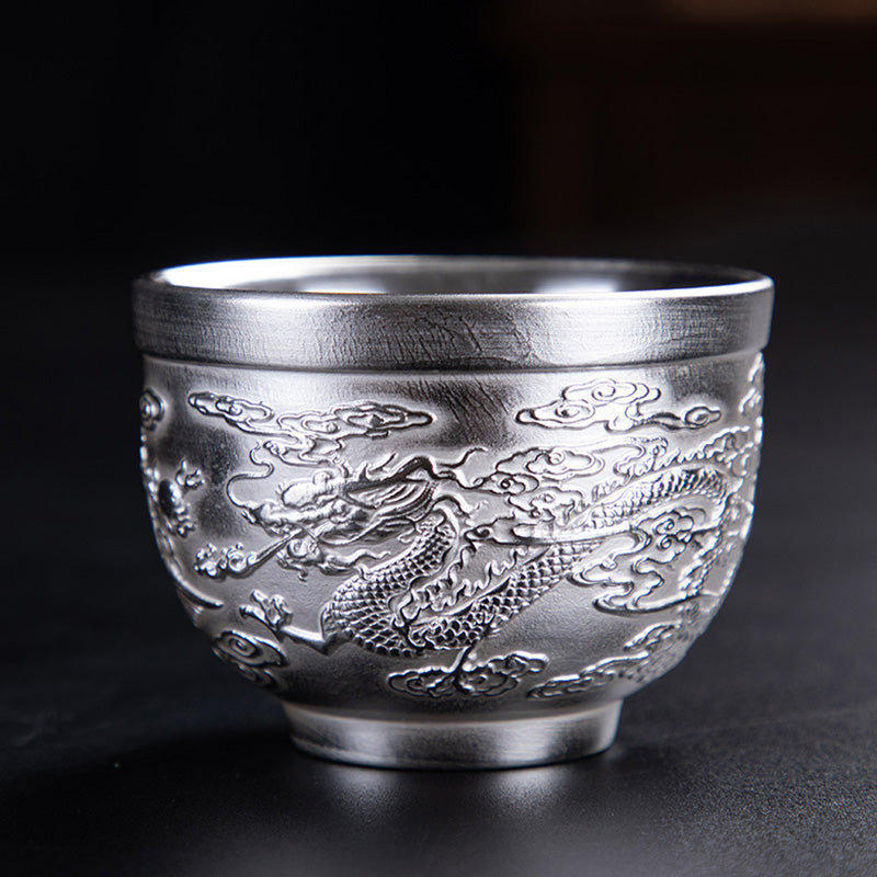 Mythstone Fu Character Dragon Phoenix Horse Koi Fish Silver Gilding Ceramic Teacup Kung Fu Tea Cup