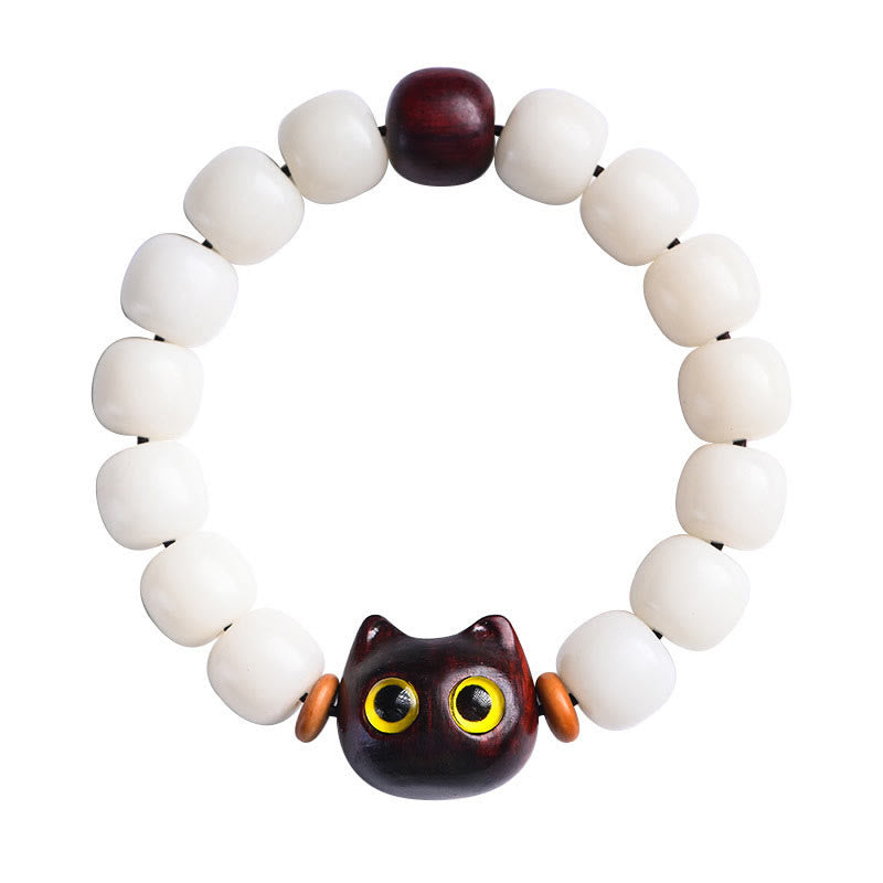 Pulsera de la sabiduría del gato de la suerte con hojas pequeñas de semilla de Bodhi natural de Mythstone, sándalo rojo y madera de ébano 