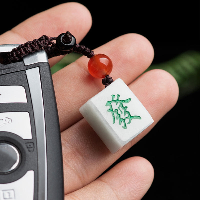 Mythstone Natural Jade Mahjong Fa Character Wealth Prosperity Phone Hanging Key Chain Decoration