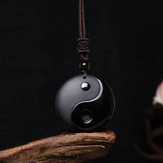 Mythstone Black Obsidian Taoism Five Sacred Mountains Nine-Character Mantra Carved Purification Yin Yang Necklace Pendant