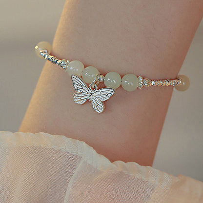 Mythstone 925 Sterling Silver Natural Hetian Jade Luck Butterfly Charm Bracelet