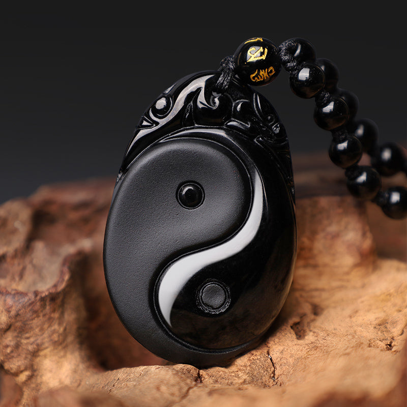 Mythstone Natural Black Obsidian Yin Yang Fulfilment Strength Necklace Pendant