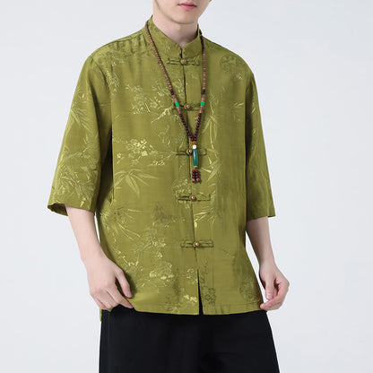 Mythstone Peach Blossom Bamboo Leaves Frog-button Chinese Half Sleeve Shirt Men T-shirt