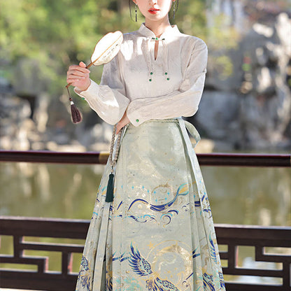 Mythstone Green Phoenix Printed Chinese Hanfu Horse Face Skirt Mamianqun