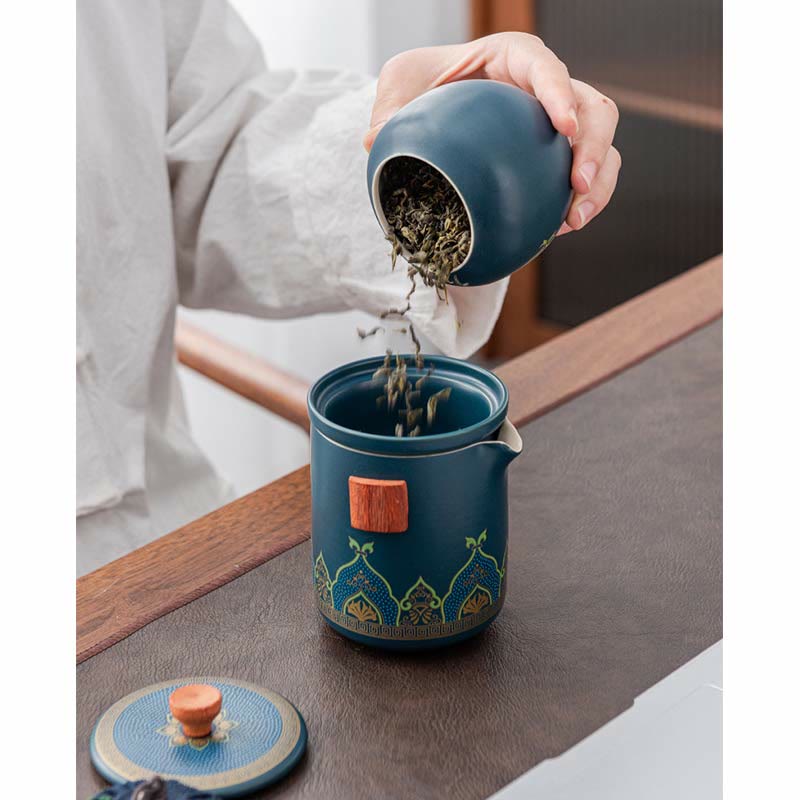 Mythstone Flower Chinese Gongfu Ceramic Teapot Portable Outdoor Travel Tea Set Bag