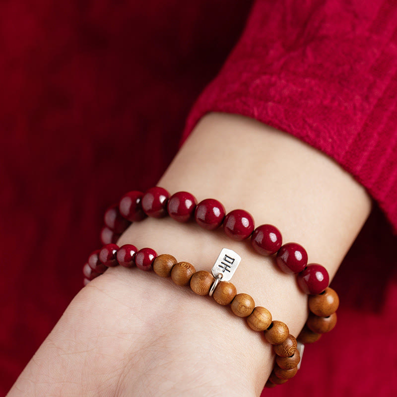 Mythstone 925 Sterling Silver Peach Wood Cinnabar Ward Off Evil Spirits Bracelet