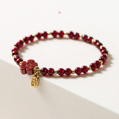 MythStone 14K Gold Natural Garnet Cinnabar Flower Calm Bracelet