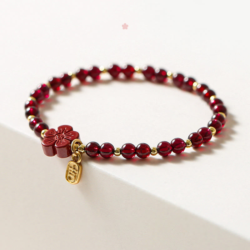 Mythstone 14K Gold Natural Garnet Cinnabar Flower Calm Bracelet