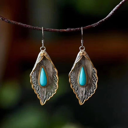 Mythstone 925 Sterling Silver Turquoise Bodhi Leaf Pattern Protection Drop Dangle Earrings