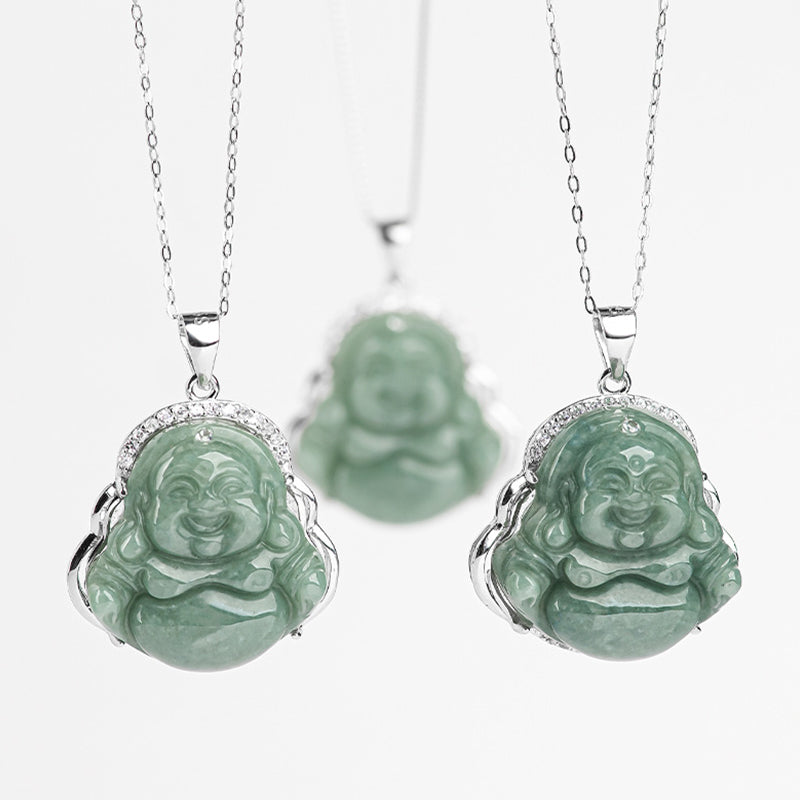 Mythstone 925 Sterling Silver Laughing Buddha Jade Abundance Necklace Chain Pendant