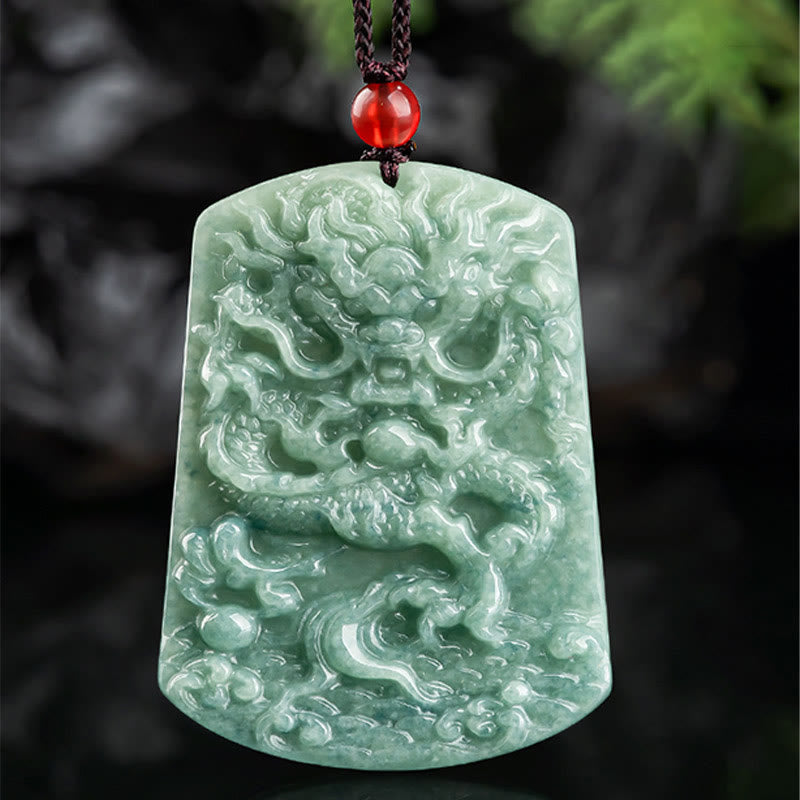 Mythstone Natural Jade Chinese Zodiac Dragon Sea Luck String Necklace Pendant