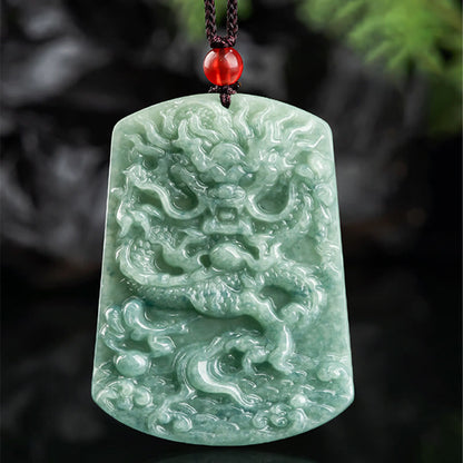 Mythstone Natural Jade Chinese Zodiac Dragon Sea Luck String Necklace Pendant