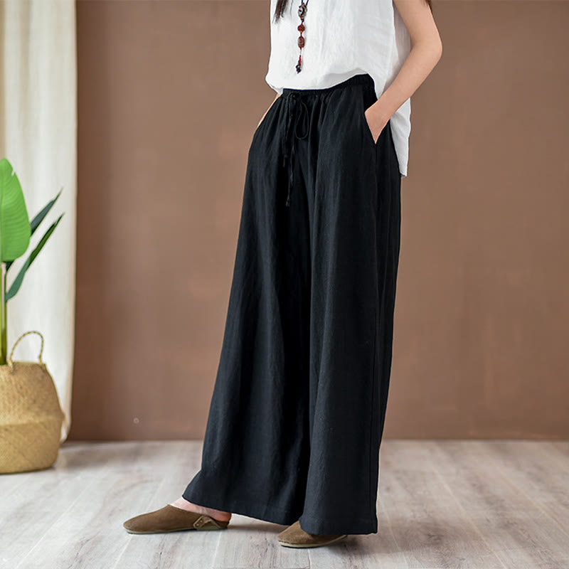 Mythstone Loose Cotton Linen Drawstring Wide Leg Pants With Pockets