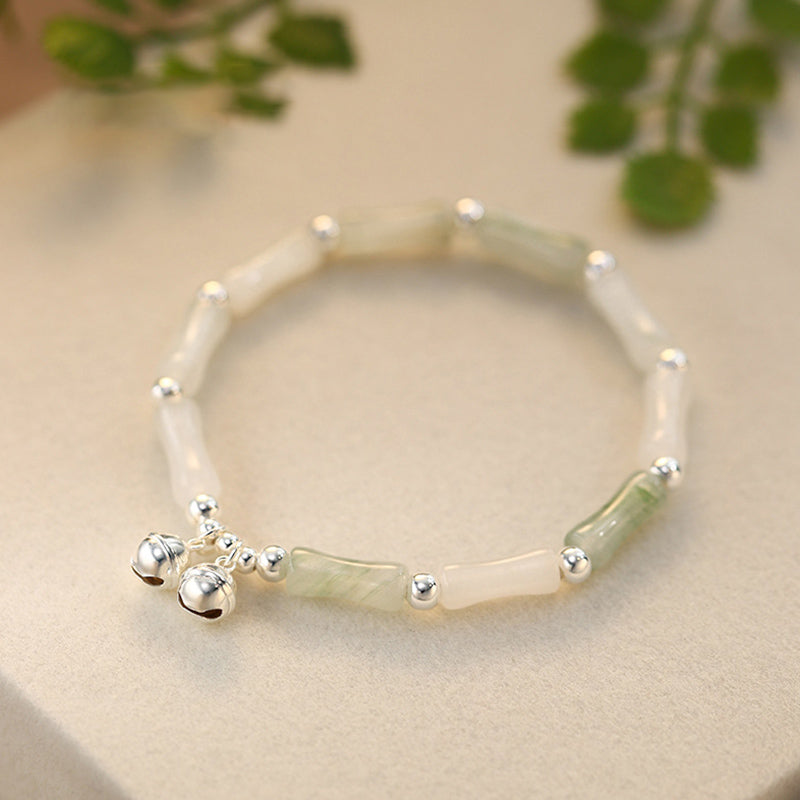 Mythstone 925 Sterling Silver Natural White Jade Bamboo Bell Charm Luck Happiness Bracelet