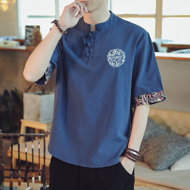 Mythstone Frog-Button Dragon Embroidery Chinese Tang Suit Short Sleeve Shirt Linen Men Clothing