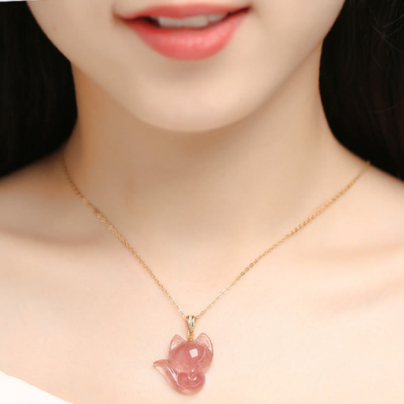 Mythstone 14k Gold Plated 925 Sterling Silver Strawberry Quartz Fox Healing Necklace Pendant