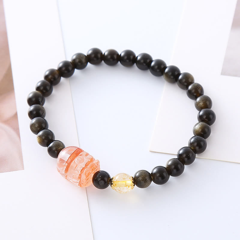 Pulsera de protección de riqueza PiXiu con obsidiana y brillo dorado natural de Mythstone