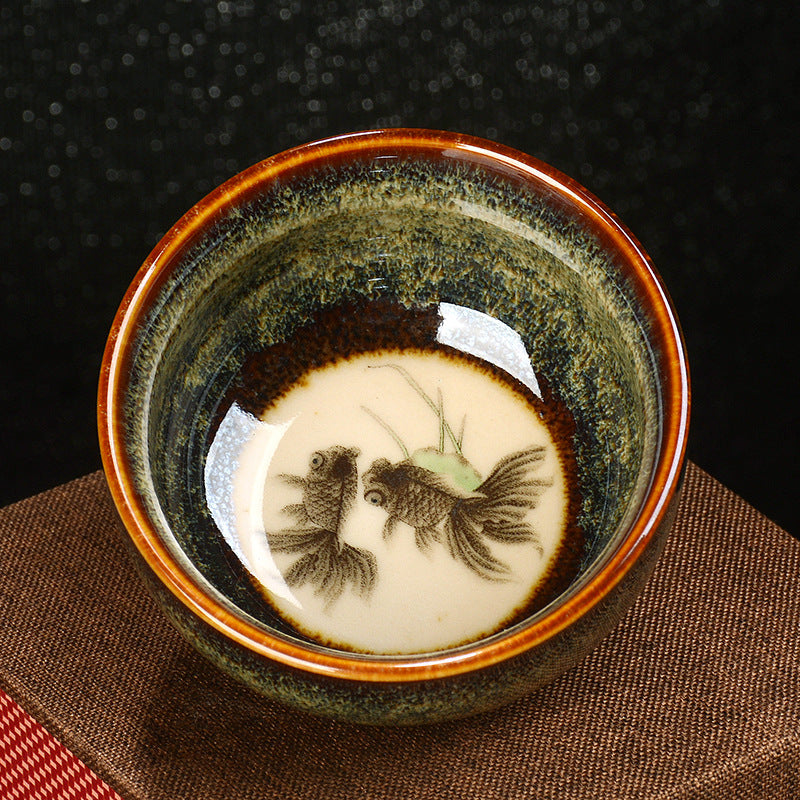 Mythstone Lotus Dragon Phoenix Koi Fish Chinese Jianzhan Ceramic Teacup Kung Fu Tea Cup 110ml