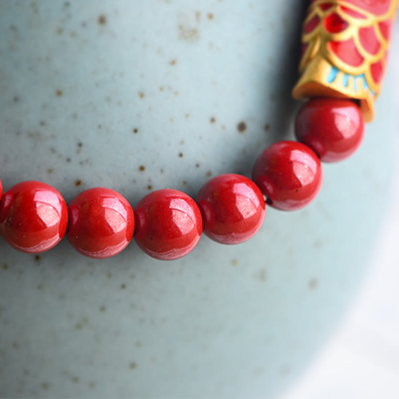 Pulsera curativa de pez koi de la suerte con cuarzo fresa natural Mythstone y cinabrio