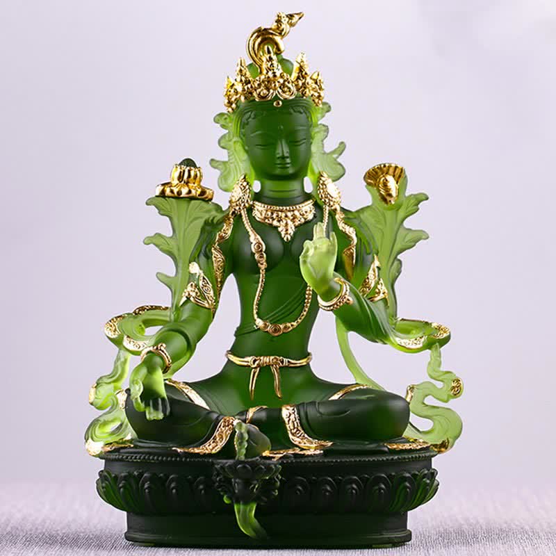 Mythstone Bodhisattva Green Tara Handmade Liuli Crystal Art Piece Protection Home Office Statue Decoration