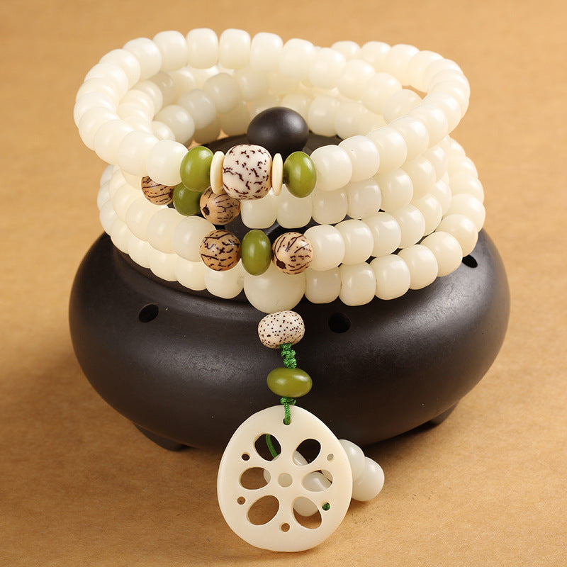 Pulsera de la suerte con 108 cuentas de Mala Bodhi con semillas blancas de Mythstone