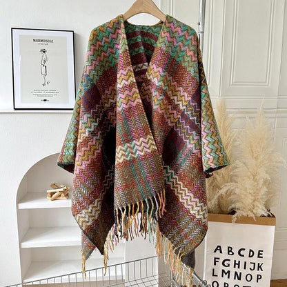 Mythstone Tibetan Shawl Colorful Wavy Striped Shapes Tassels Winter Cozy Travel Scarf Wrap